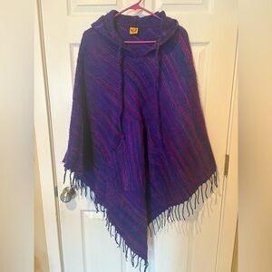 Purple Hooded Poncho with Fringe
